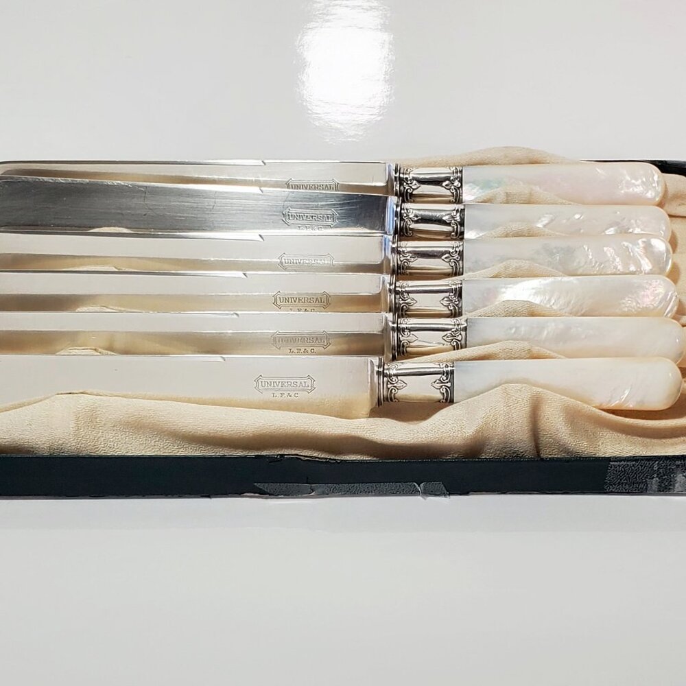 Antique Mother-of-Pearl Knife Set – Sterling Ferrule & Silver-Plated Blade